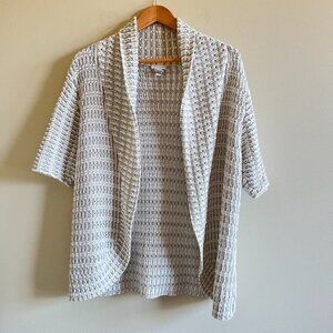 Chico's Cream Grey Gold Metallic Short‎ Sleeved Open Front Cardigan Size 2 L 12